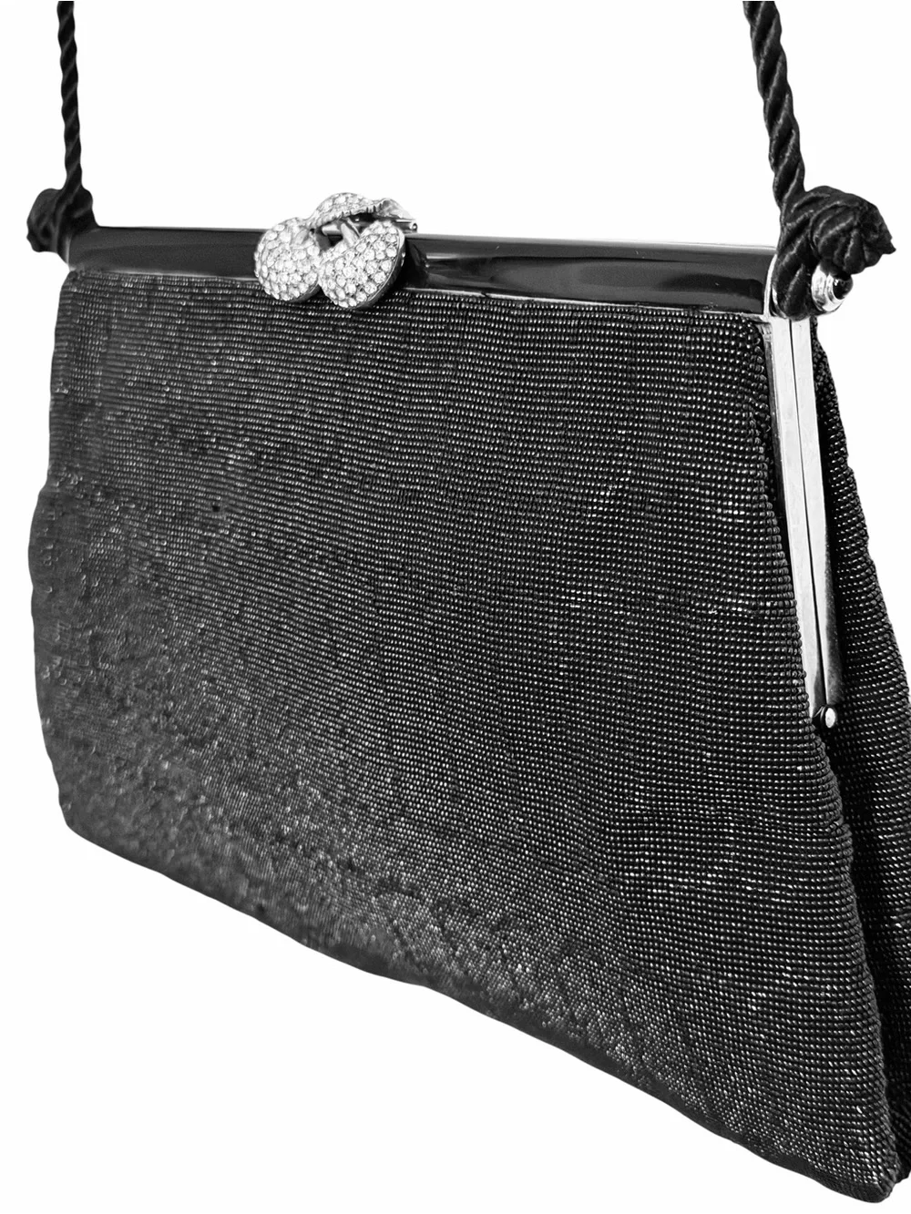 Vintage Black Micro Beaded Evening Bag Rhinestone Cherry Clasp Clutch